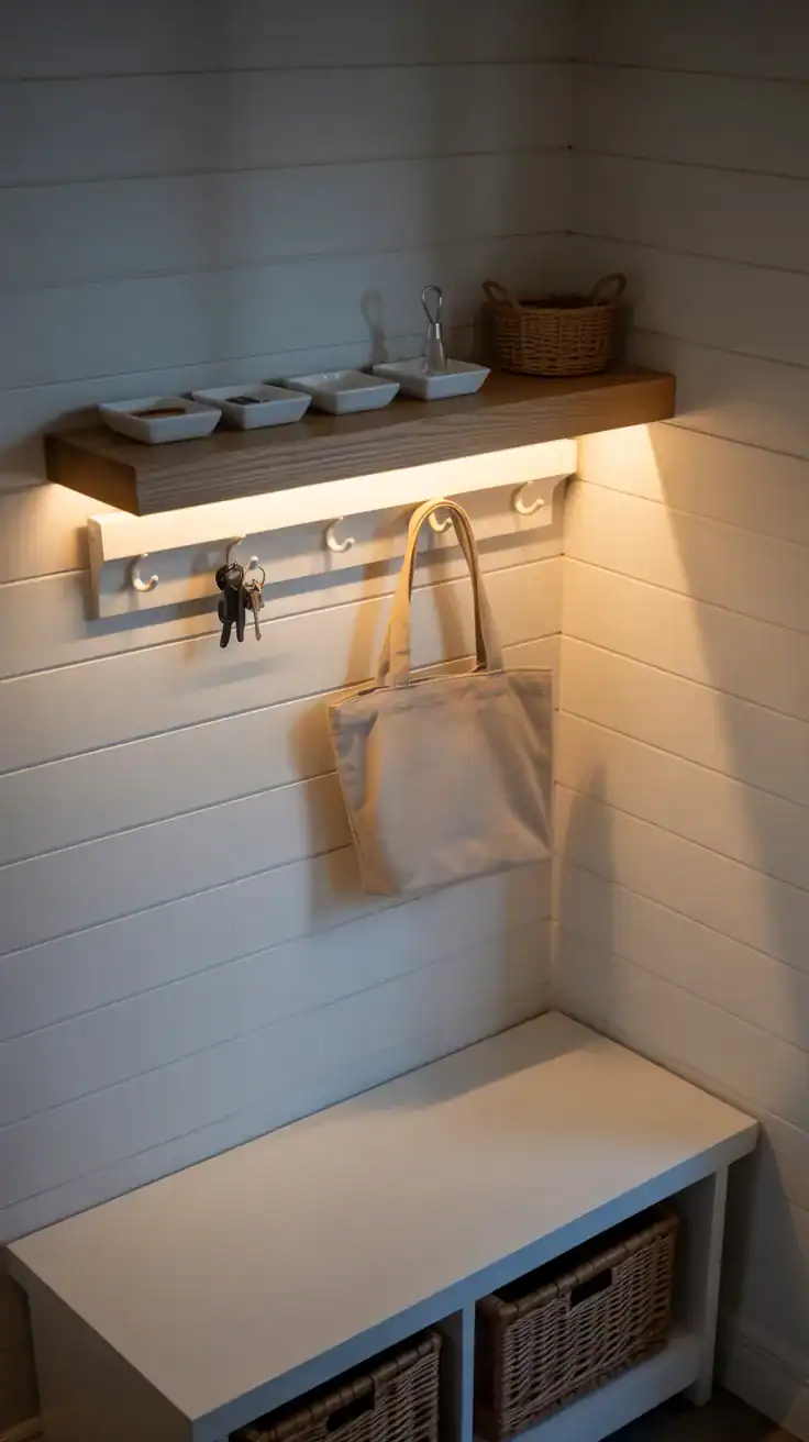Functional mudroom drop zone with small trays for keys and mail, soft lighting, floating shelf, and minimal organized styling