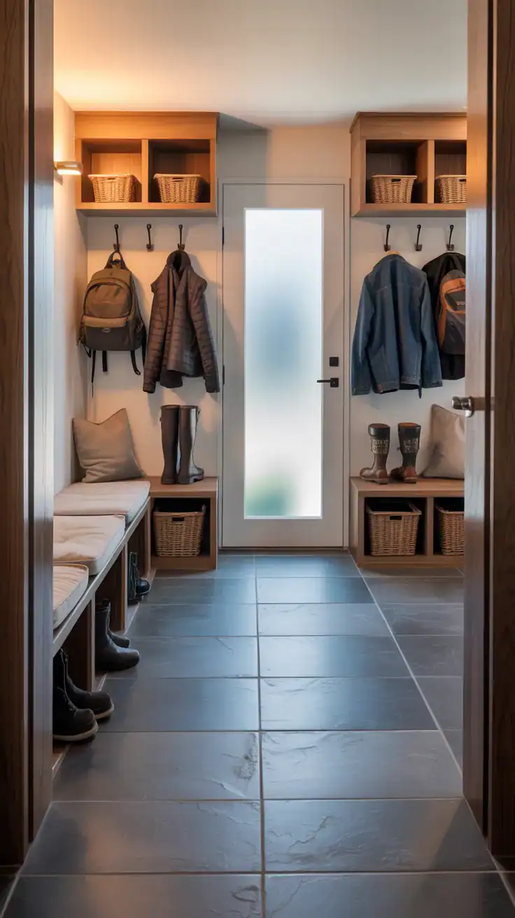 Durable family mudroom with porcelain tile flooring, washable bench cushions, practical storage, and warm neutral materials designed for everyday use