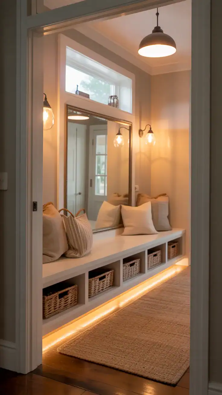 Warm welcoming mudroom with layered lighting, ceiling fixtures, sconces, under cabinet lighting, and soft neutral decor