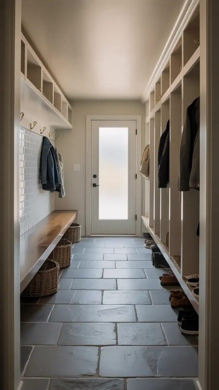 Spacious organized mudroom layout with clear walking pathways, streamlined storage, neutral tones, and uncluttered functional design