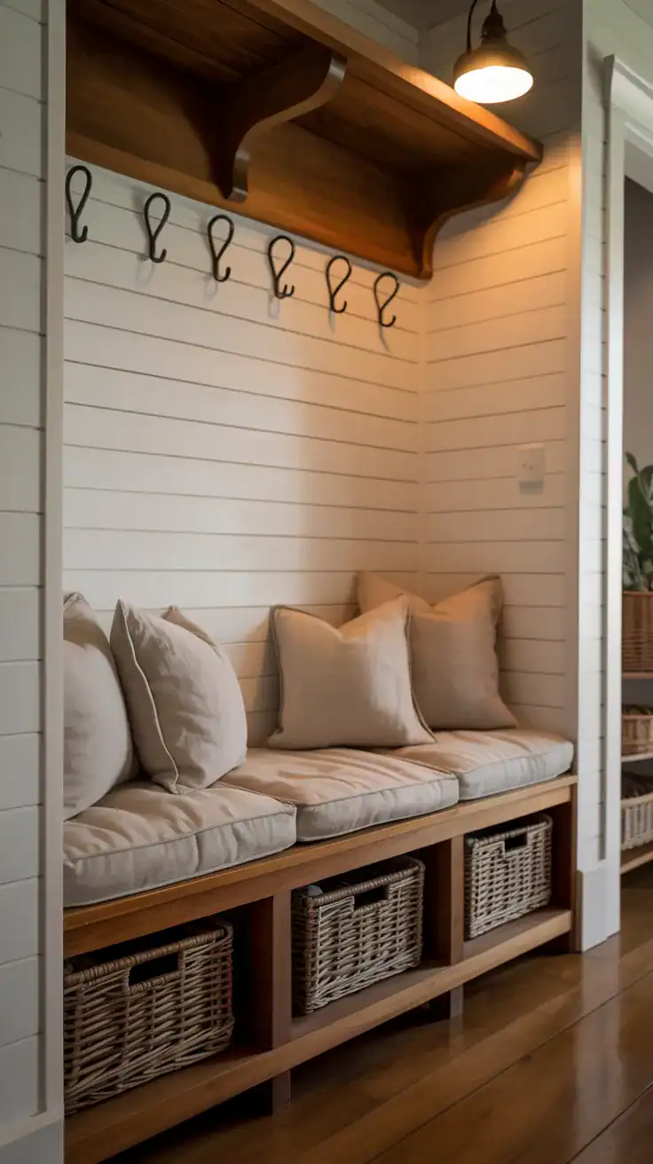 Functional mudroom with built in bench seating, woven storage baskets underneath, soft neutral cushions, wall hooks, and warm welcoming lighting