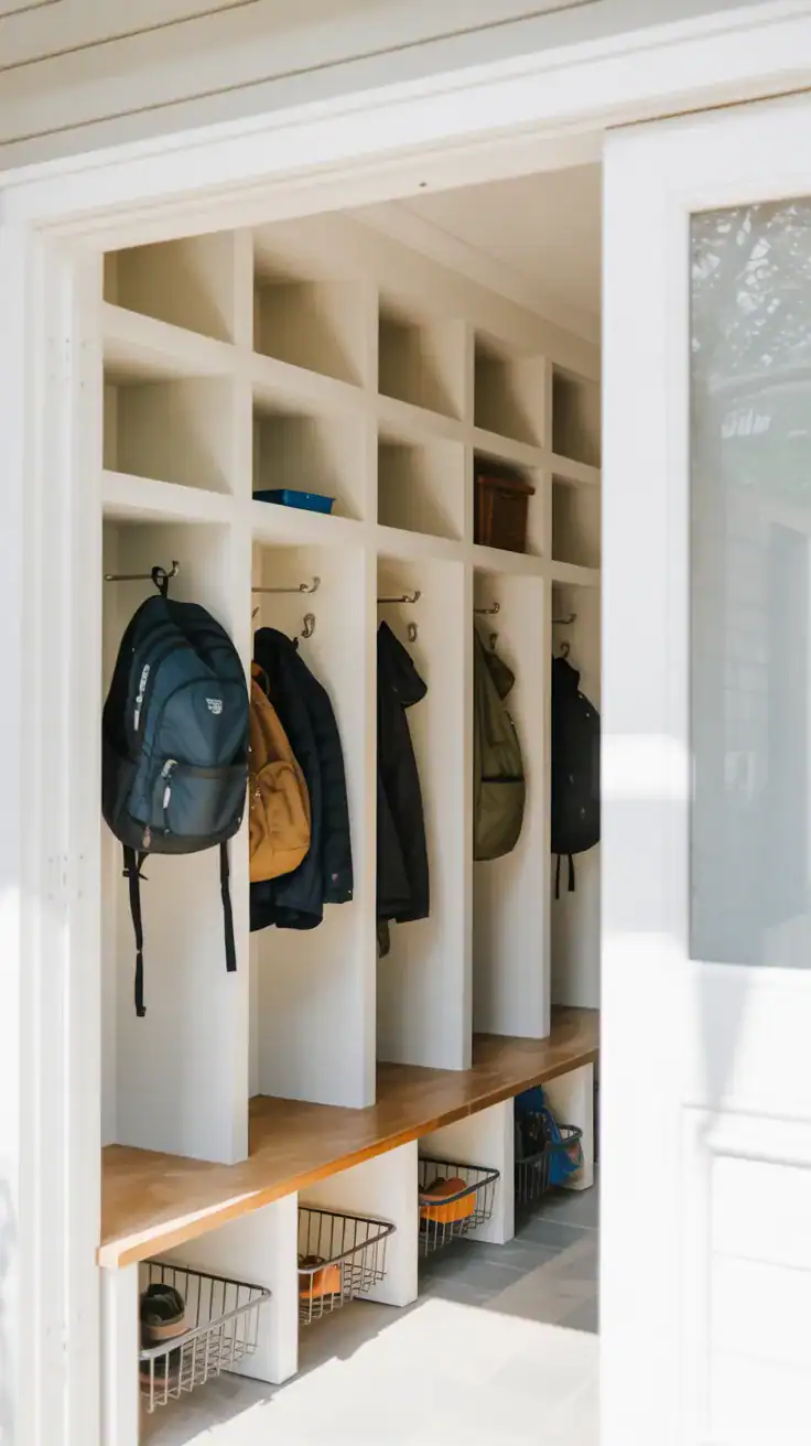 Organized mudroom with individual locker style storage sections, hooks, baskets, bench seating, and family friendly entryway organization