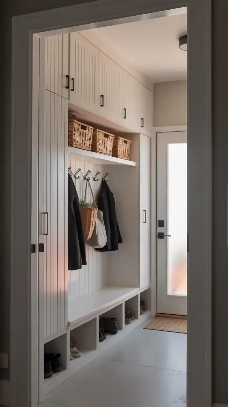 Compact mudroom with tall vertical storage cabinets, floating shelves, wall hooks, and smart space saving organization
