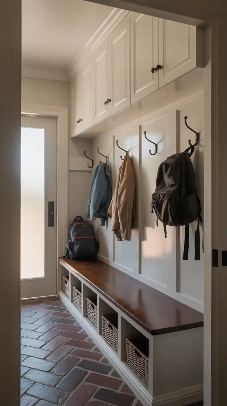 Mudroom with wall hooks installed at multiple heights, paneled walls, bench seating, and practical family friendly organization