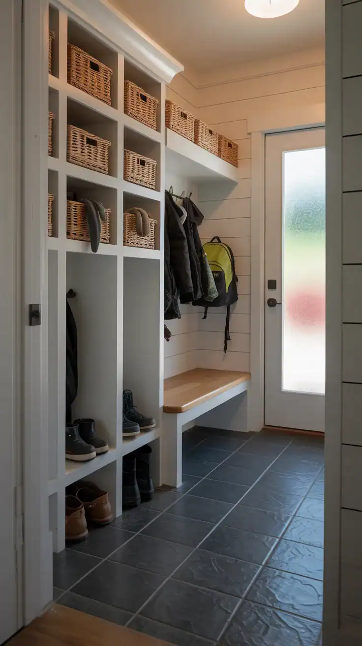 Practical mudroom with open shoe cubbies near the front door, durable flooring, organized family storage, and clean uncluttered styling