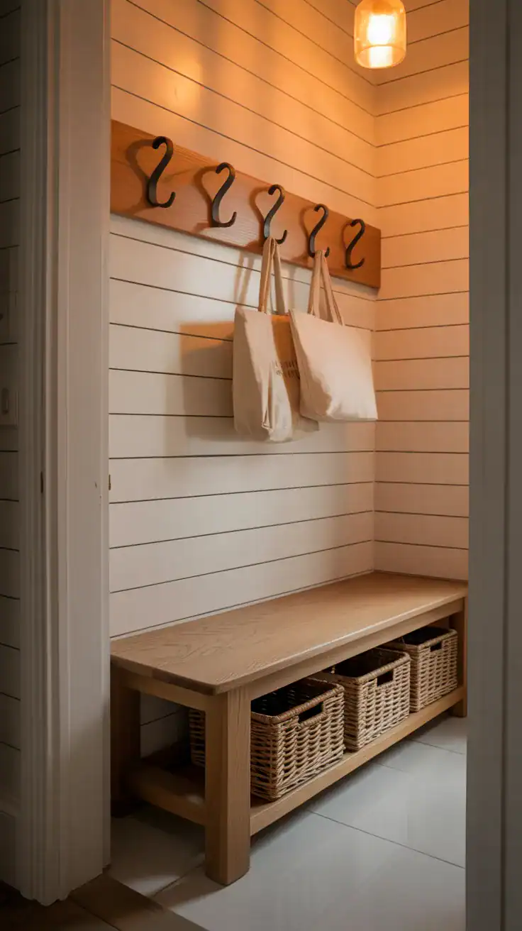 Neutral farmhouse mudroom with warm white walls, natural oak bench, matte black hooks, woven baskets, and soft cozy lighting