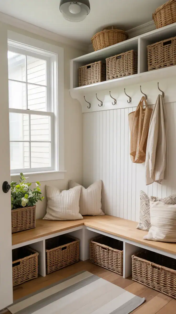Farmhouse mudroom with natural wood bench seating, woven storage baskets, soft neutral styling, and bright airy decor