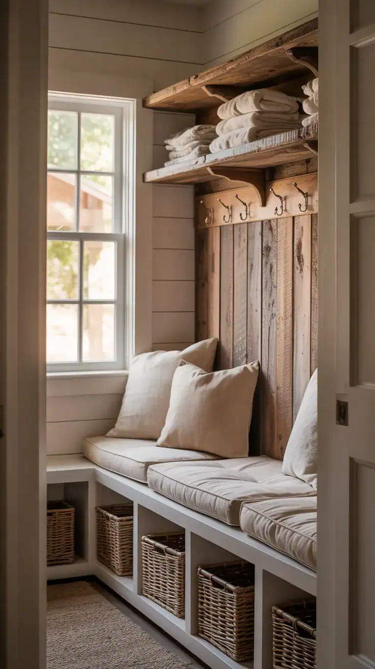 Cozy neutral farmhouse mudroom with linen bench cushions, soft beige textiles, woven baskets, and warm rustic wood accents