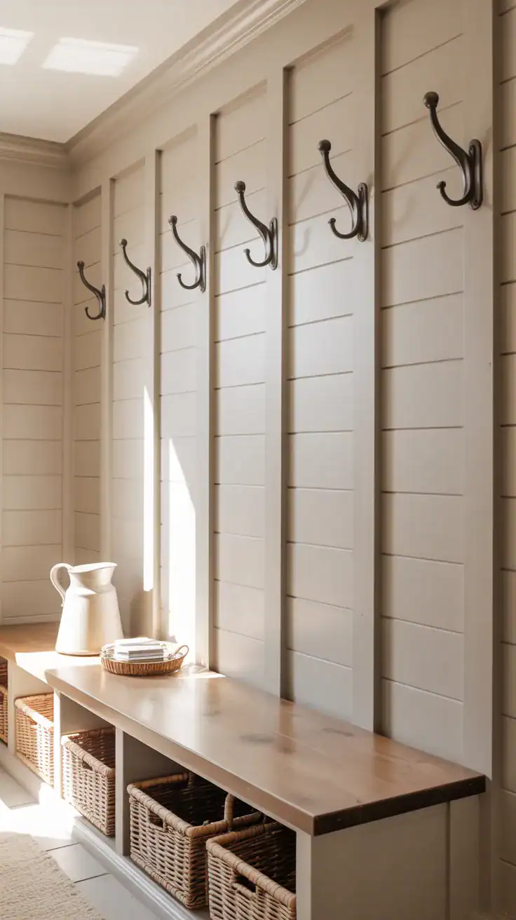 Neutral farmhouse mudroom with matte black wall hooks, warm white shiplap walls, natural wood seating, and clean timeless styling
