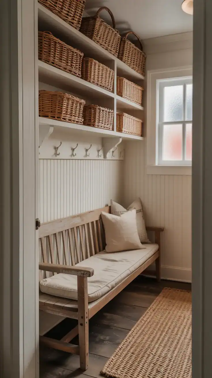 Farmhouse mudroom with woven wicker baskets, open shelving, warm wood textures, and calm neutral organization