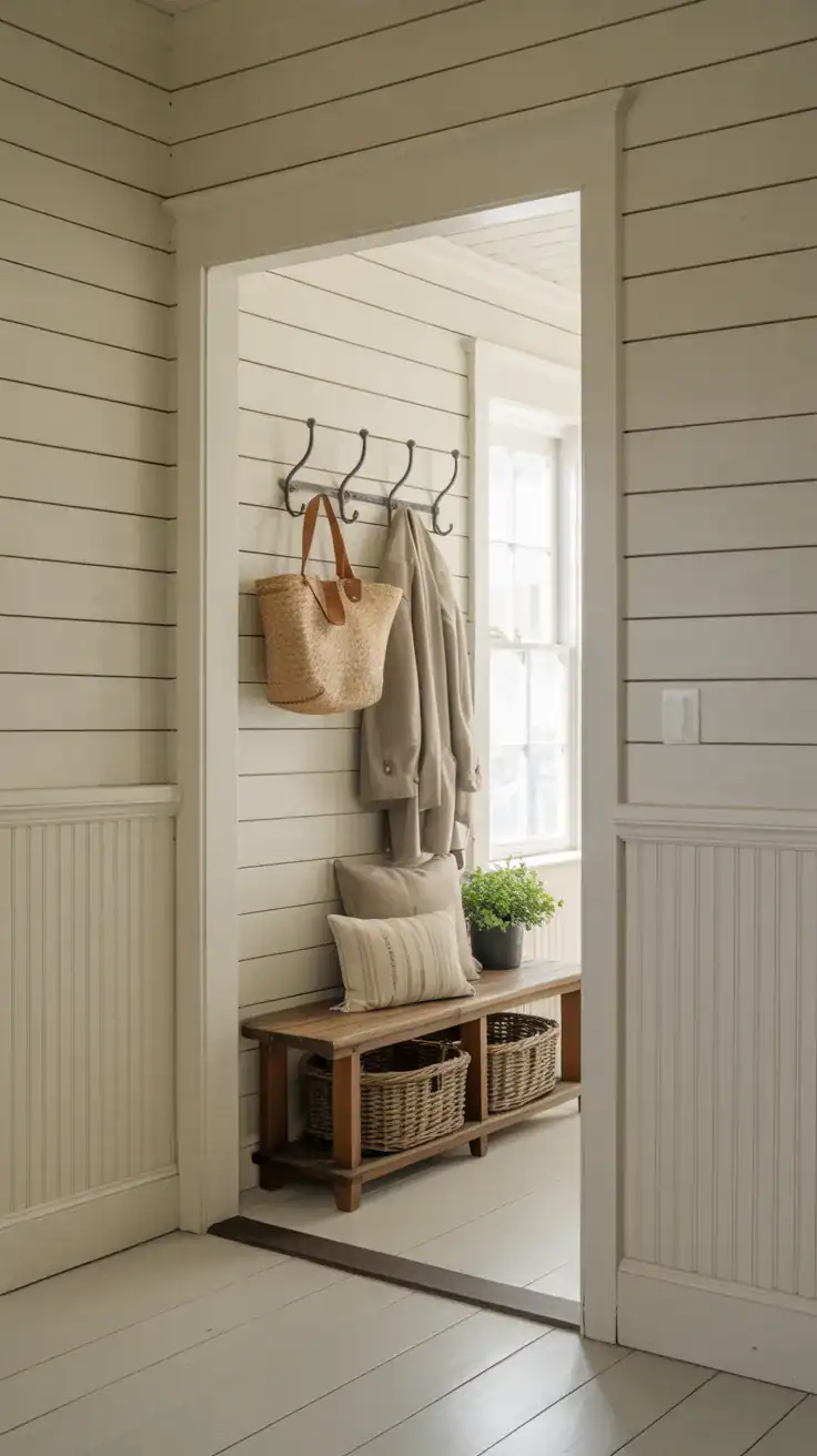 Bright farmhouse mudroom with white shiplap walls, rustic wood bench, black hooks, and layered neutral decor