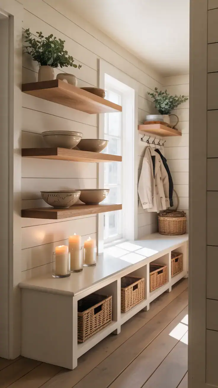 Minimal neutral farmhouse mudroom with ceramic decor, small greenery, candles, clean open shelving, and uncluttered cozy styling