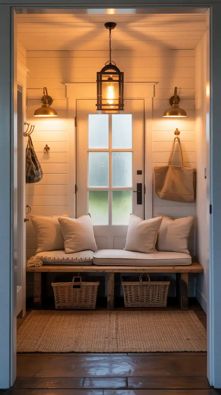 Warm neutral farmhouse mudroom with lantern pendant lighting, soft layered sconces, woven textures, and cozy evening ambiance