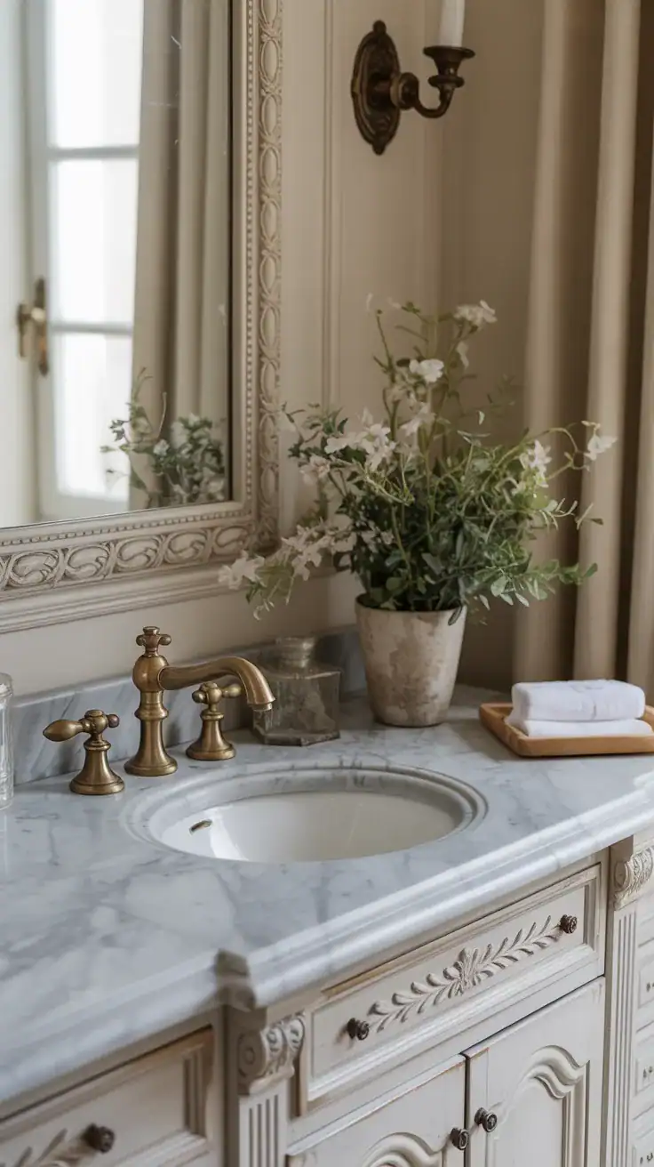 Elegant French bathroom with antique brass faucets, marble vanity, and soft layered neutral decor