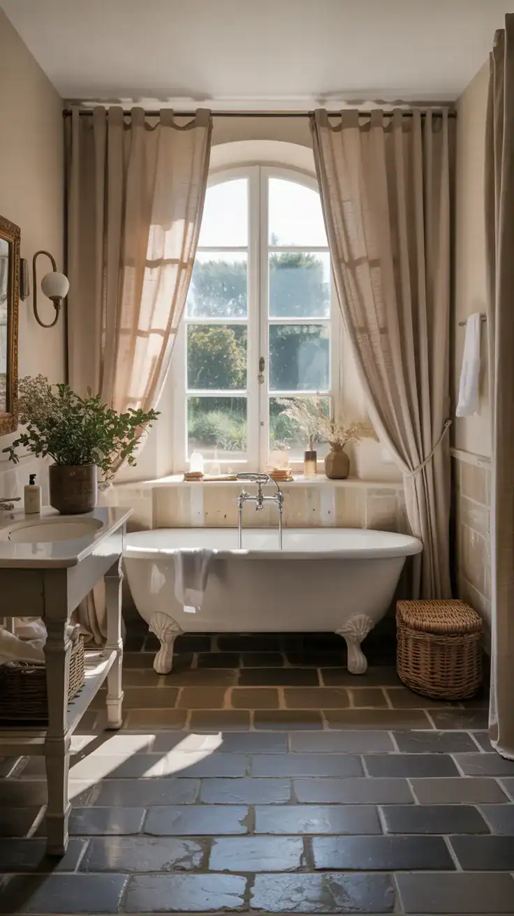 French bathroom interior with soft linen curtains, warm stone flooring, and elegant natural light