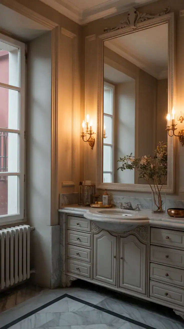 French bathroom with warm wall sconces, soft layered lighting, marble finishes, and cozy elegant atmosphere