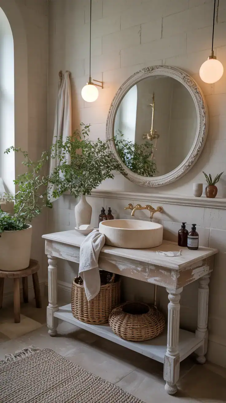 Soft neutral French bathroom with pale stone colors, warm wood accents, and calm minimalist styling