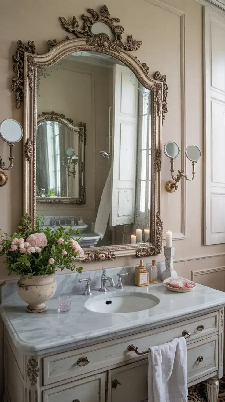 French bathroom with oversized antique mirror, marble vanity, and soft elegant styling