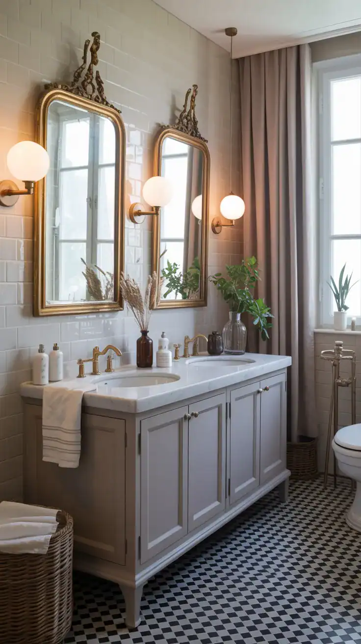 Modern French bathroom mixing sleek fixtures with vintage mirrors and warm brass details
