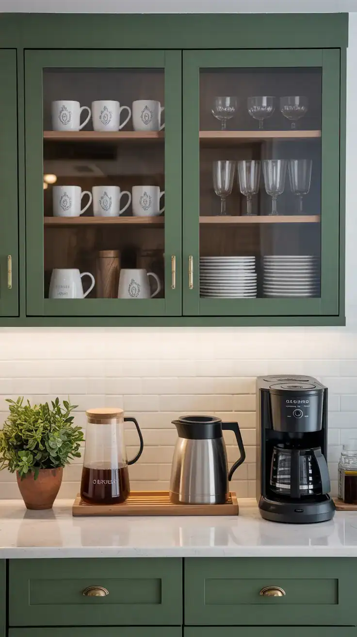 Glass front coffee wall cabinets displaying coordinated coffee mugs and glassware above a coffee station