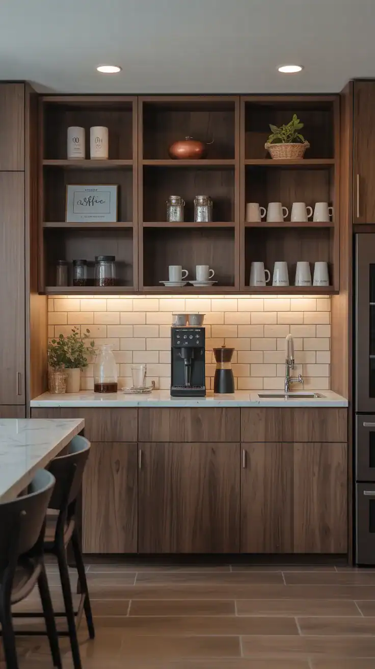 Floor to ceiling coffee wall cabinets with built in coffee station and organized storage