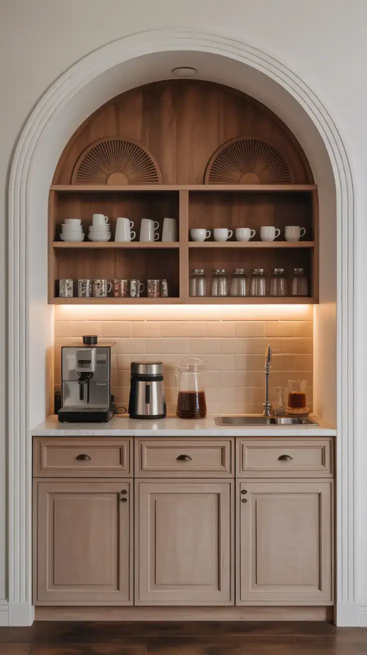 Arched coffee wall cabinets with decorative details and hidden storage above coffee station
