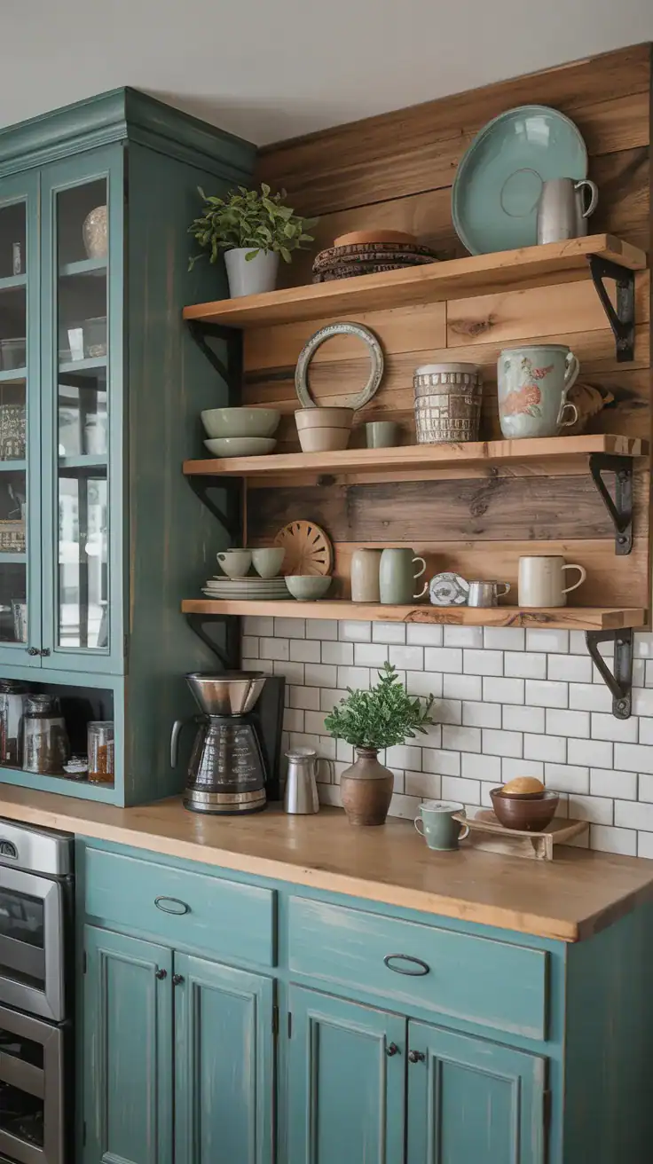 Rustic farmhouse coffee wall cabinets with reclaimed wood shelves and vintage decor