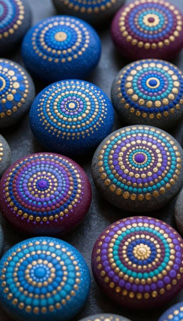 Intricate mandala designs painted on smooth round rocks using dotting technique with jewel tones and metallic accents