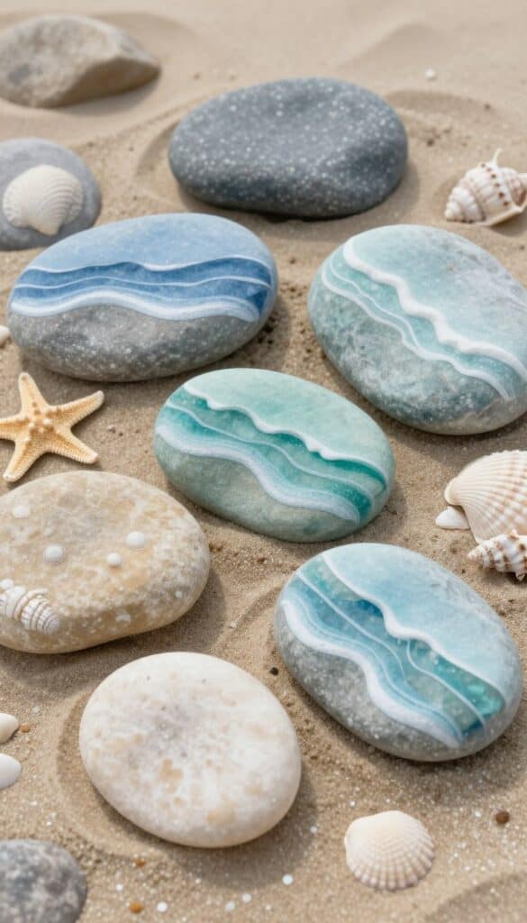 Peaceful beach-themed painted rocks featuring waves, seashells, and coastal designs in soft blue and sandy neutral tones