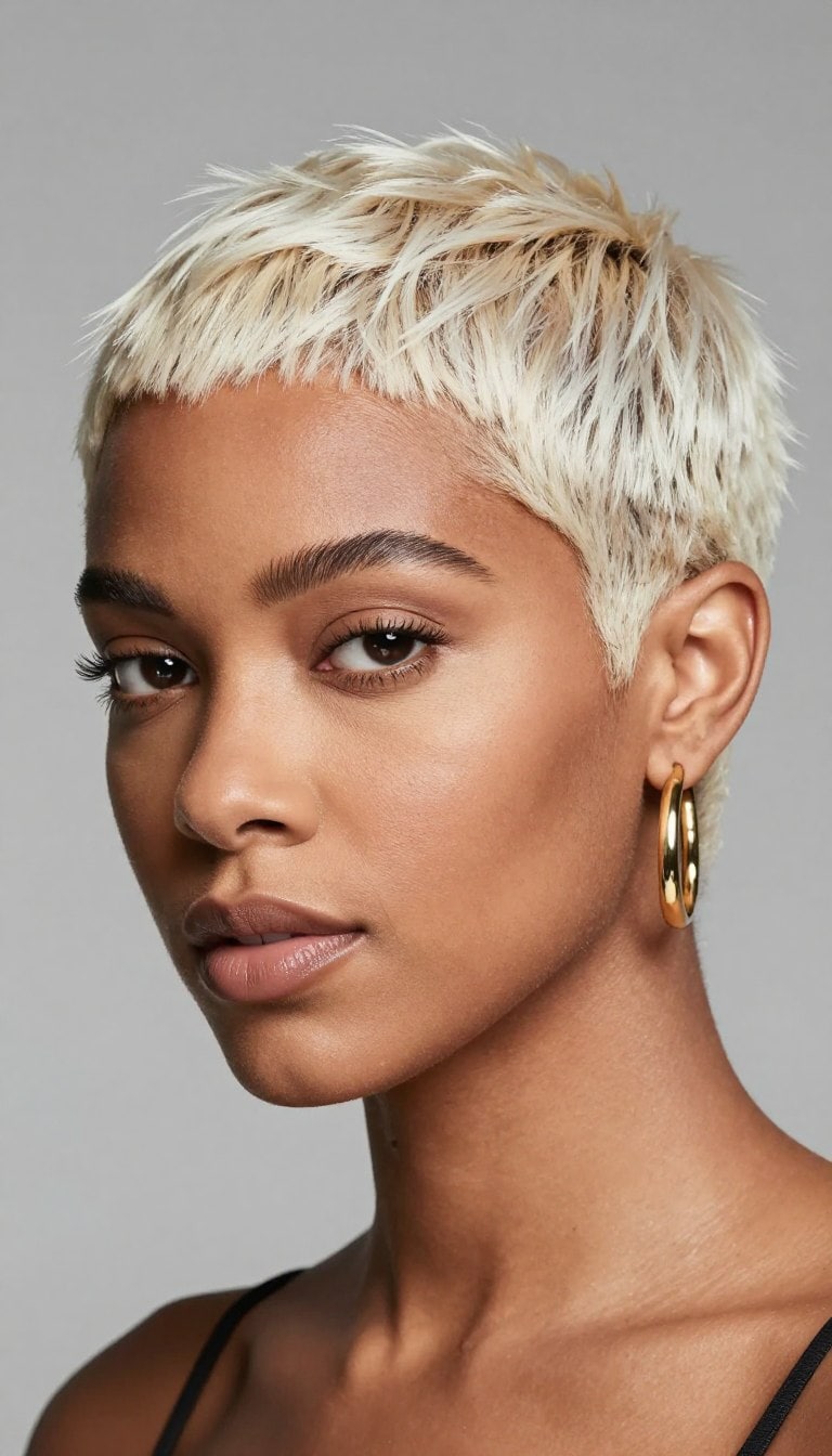 Platinum blonde tapered pixie cut on Black woman with sleek styling and sharp sides