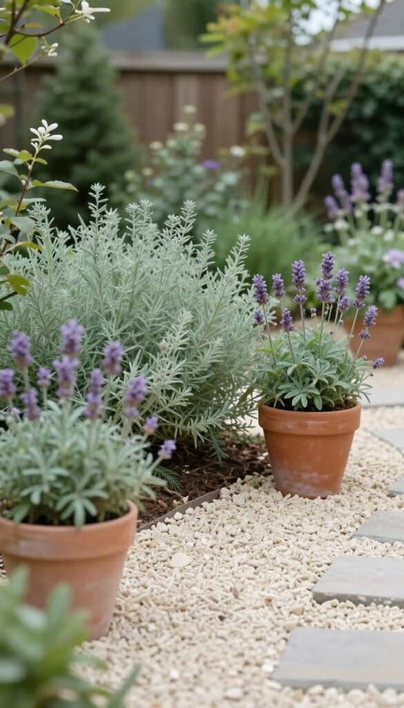 Side return garden with a calm color scheme of sage green, cream, soft lavender, and natural textures Side return garden with a calm color scheme of sage green, cream, soft lavender, and natural textures