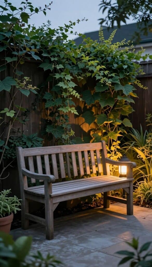 Small timber bench at the end of a side return garden surrounded by climbing plants and lantern lighting Small timber bench at the end of a side return garden surrounded by climbing plants and lantern lighting