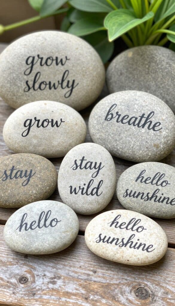 Smooth painted rocks with inspirational quotes in calligraphy lettering placed near garden pathway