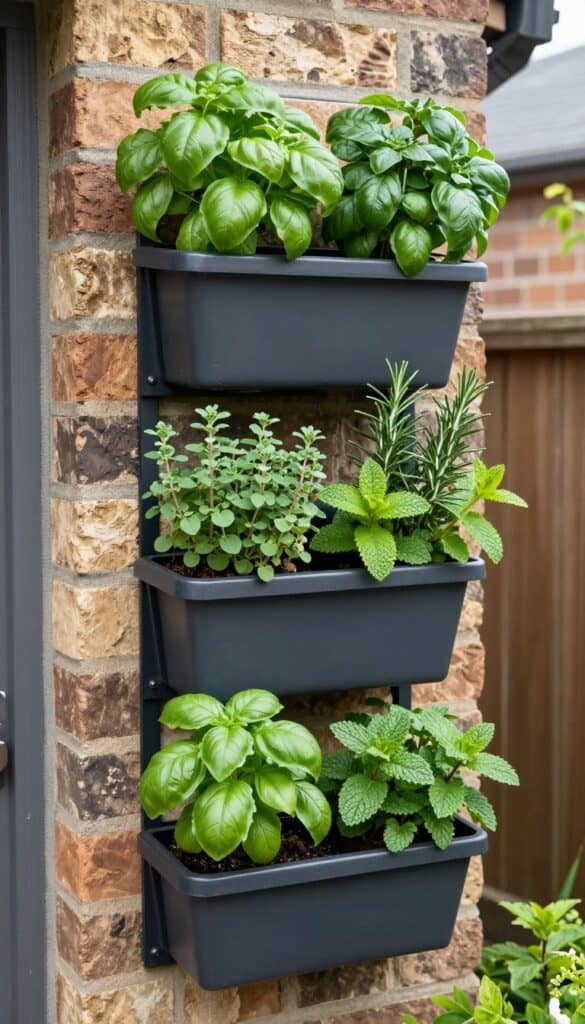 Vertical wall planter filled with herbs mounted on a brick wall in a narrow side garden Vertical wall planter filled with herbs mounted on a brick wall in a narrow side garden