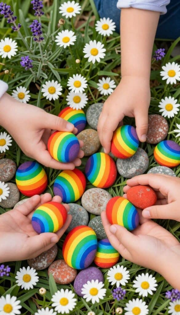 Vibrant rainbow painted rocks with colorful stripes scattered throughout flower garden