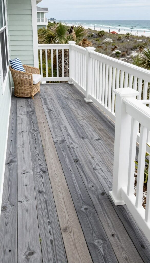 dark driftwood gray deck with white railings and coastal design elements