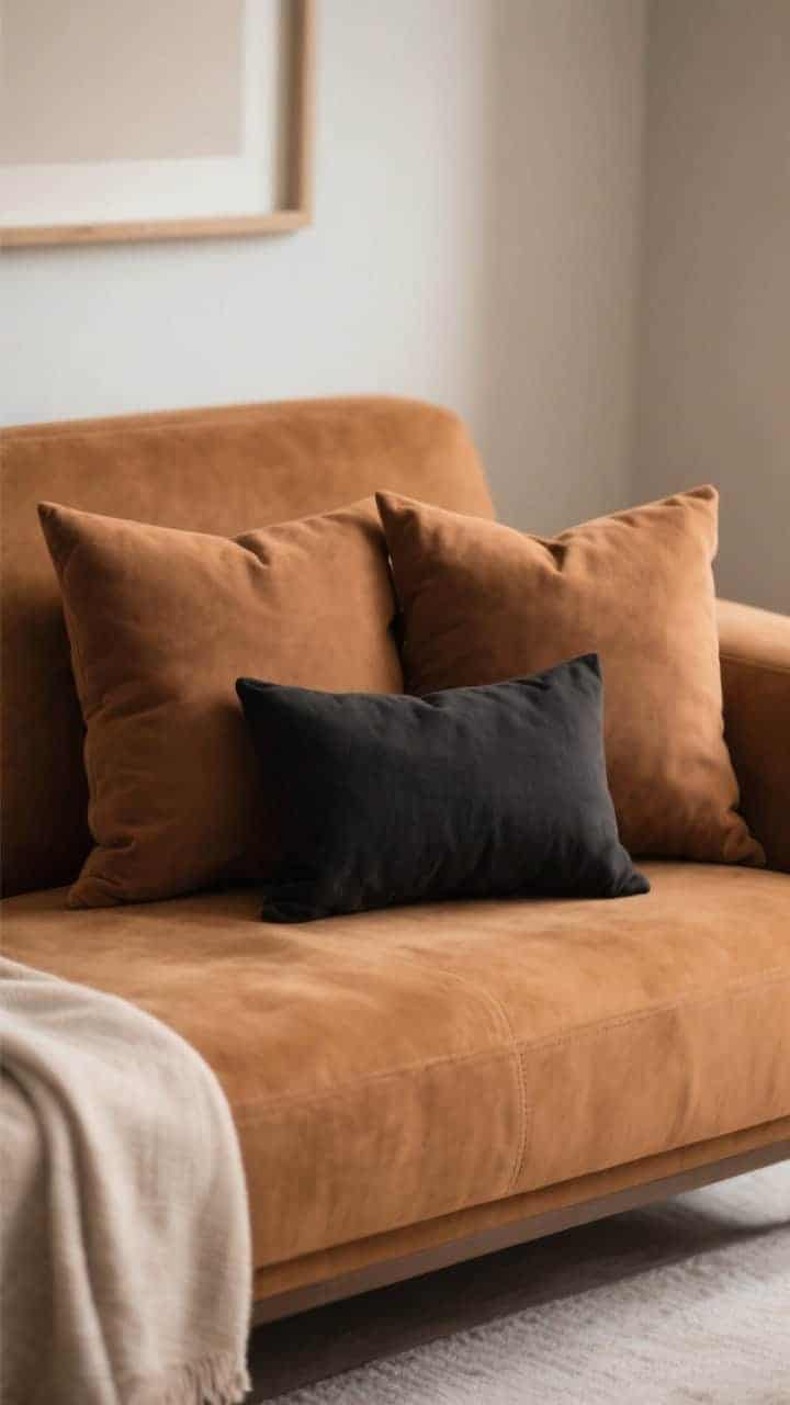 Closeup detail shot: earthy minimalist stack on a caramel-toned sofa—two 22” camel/toffee pillows at back, two 20” cocoa/espresso pillows in front, and a single black linen lumbar accent; emphasize warm, grounded browns with the black sharpening the silhouette; plush inserts for sink-in effect; soft warm light, slight shadow contrast; add a light throw in frame edge for balance; photorealistic.