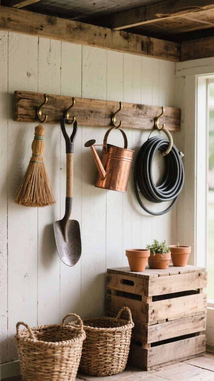 Detail shot of rustic exterior storage vignette on shed wall: a reclaimed wooden rail with bronze hooks holding a handsome spade, a polished copper watering can, and a vintage broom; nearby, stacked wooden crates and woven baskets corralling small pots; a wall-mounted black hose reel reading intentional; curated and uncluttered (3–5 items); soft natural side light highlighting patina and textures; no people.