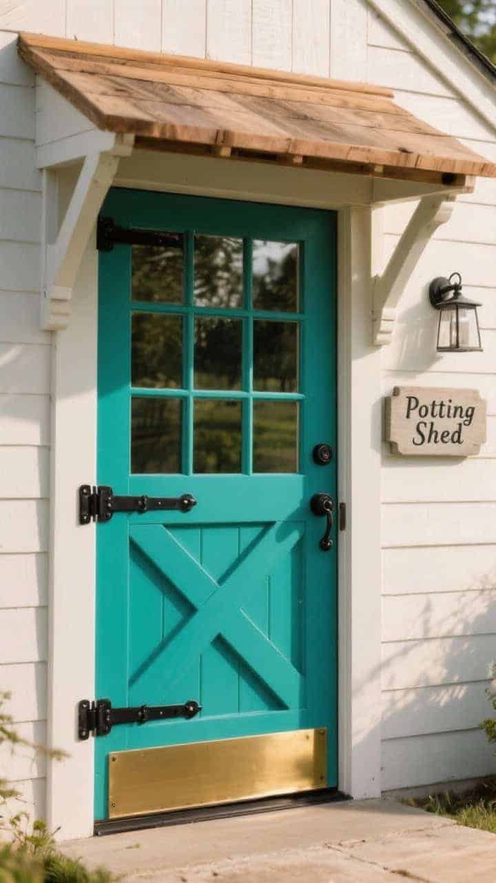 Medium focus on a cottage-upgraded shed door: a half-glass door with muntins, painted a bold color; added crossbuck detail on the lower panel to mimic a carriage look; black iron strap hinges and a matte black handle set; a brass kick plate gleaming subtly; small hand-painted plaque reading “Potting Shed” beside the frame; a petite wooden awning/portico with simple brackets overhead; soft directional light; no people.