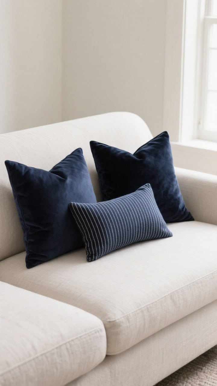 Medium shot: a monochrome pillow story on a light neutral sofa—two 22” navy pillows in matte linen, two 20” deeper midnight velvet pillows, and one patterned lumbar with a subtle navy stripe blending two tones; mix matte linen with plush velvet for tonal depth; calm, cohesive palette with simple pattern; soft, even daylight from a nearby window; photorealistic textures and color gradation.