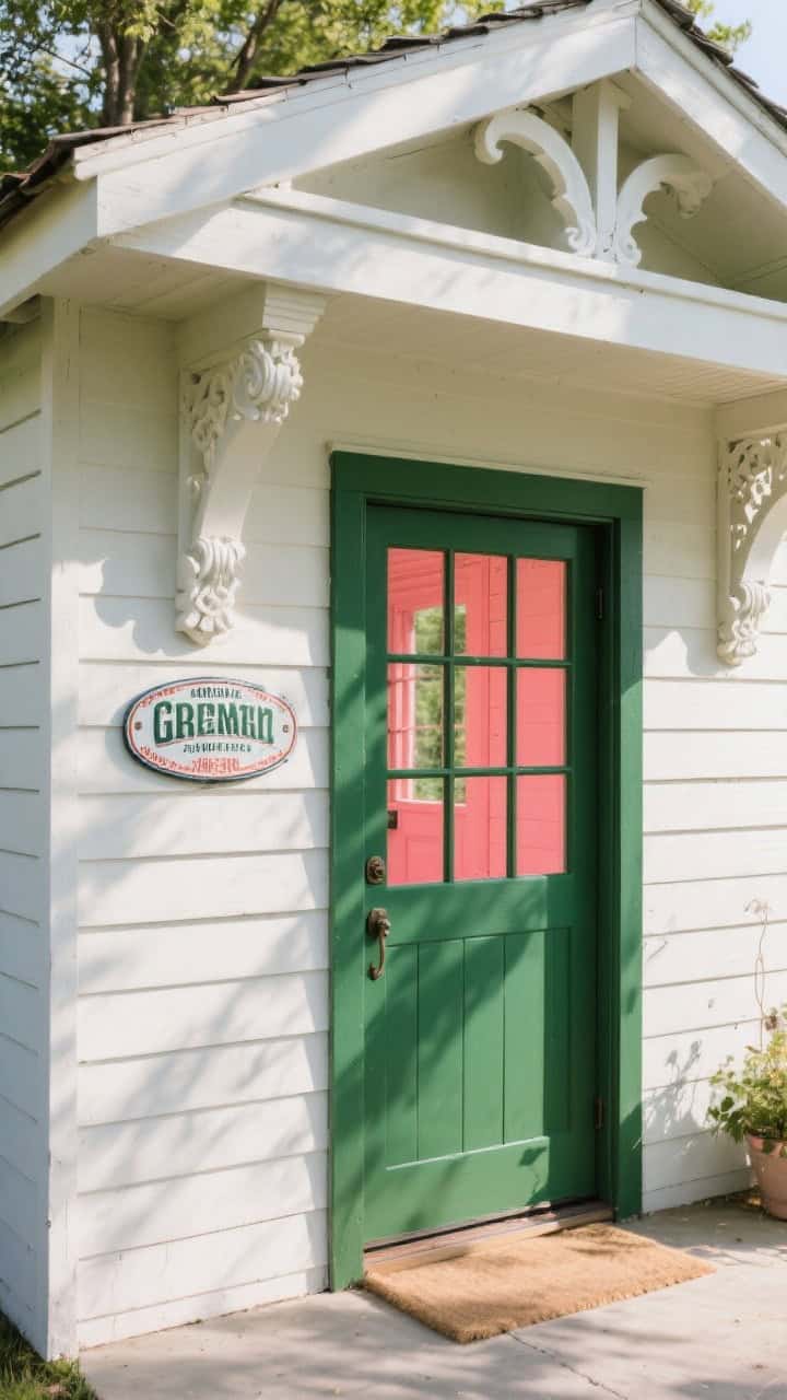 Medium shot of a bold statement accent on the shed: a Dutch door in deep green with the interior face glimpsed in bright coral for a surprise contrast; decorative corbels under the eaves adding cottage drama; a vintage enamel sign mounted on the wall; clean backdrop siding so the accent reads as the star; balanced daylight with gentle shadows; no people.