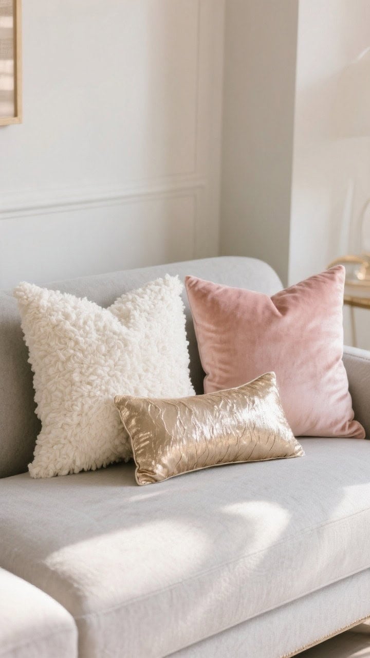 Medium, straight-on shot: soft glam arrangement on a light gray sofa—two 22” ivory bouclé pillows, two 20” blush/dusty rose velvet pillows, and one champagne metallic-thread lumbar (subtle sheen, not reflective); minimal patterns, texture and sheen do the talking; warm, flattering light that glows gently; elegant, daytime-appropriate mood; photorealistic fibers and shimmer.