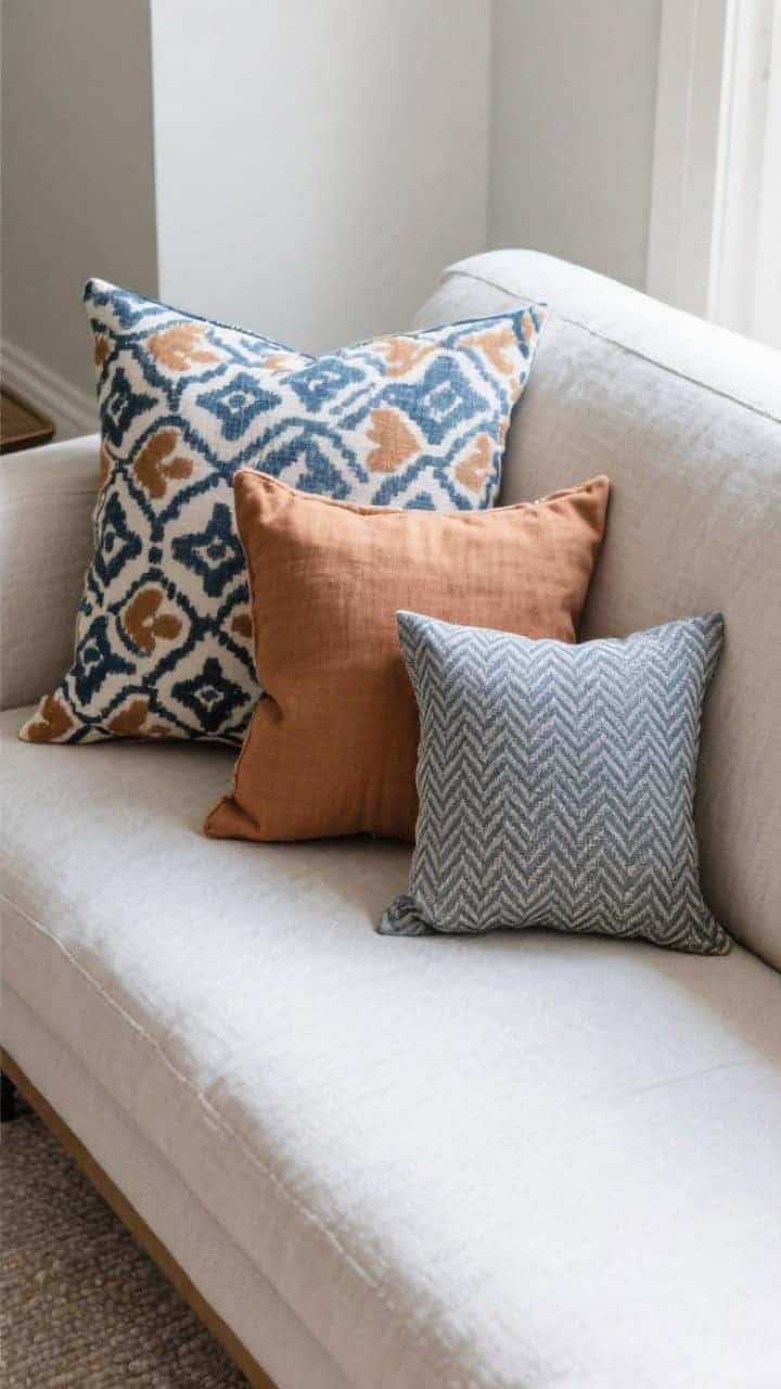 Overhead detail shot: a sofa corner showcasing pattern balance—one 20” hero print pillow (ikat in indigo and clay), two solids pulled from the print (22” clay linen and 20” indigo cotton), and one micro-pattern pillow (tiny herringbone in warm gray) bridging the scheme; highlight scale contrast (large hero + small micro) and repeat one color twice; soft natural light, crisp fabric textures, no people.