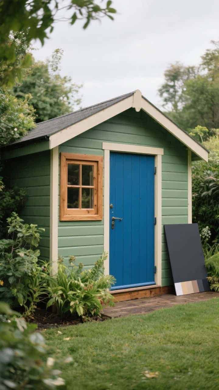 Wide exterior shot: a freshly painted garden shed in sage green with creamy trim, set amid lush greenery; door painted in bold ink blue as a test pop, warm wood accents on corner trims and window lintels; exterior satin/semi-gloss finish subtly reflecting daylight; two-tone scheme with deeper body color and lighter trim; soft overcast natural light to make colors rich; plants around appear vibrant against the charcoal-painted sample panel leaning nearby, hinting at luxe dark options; no people.