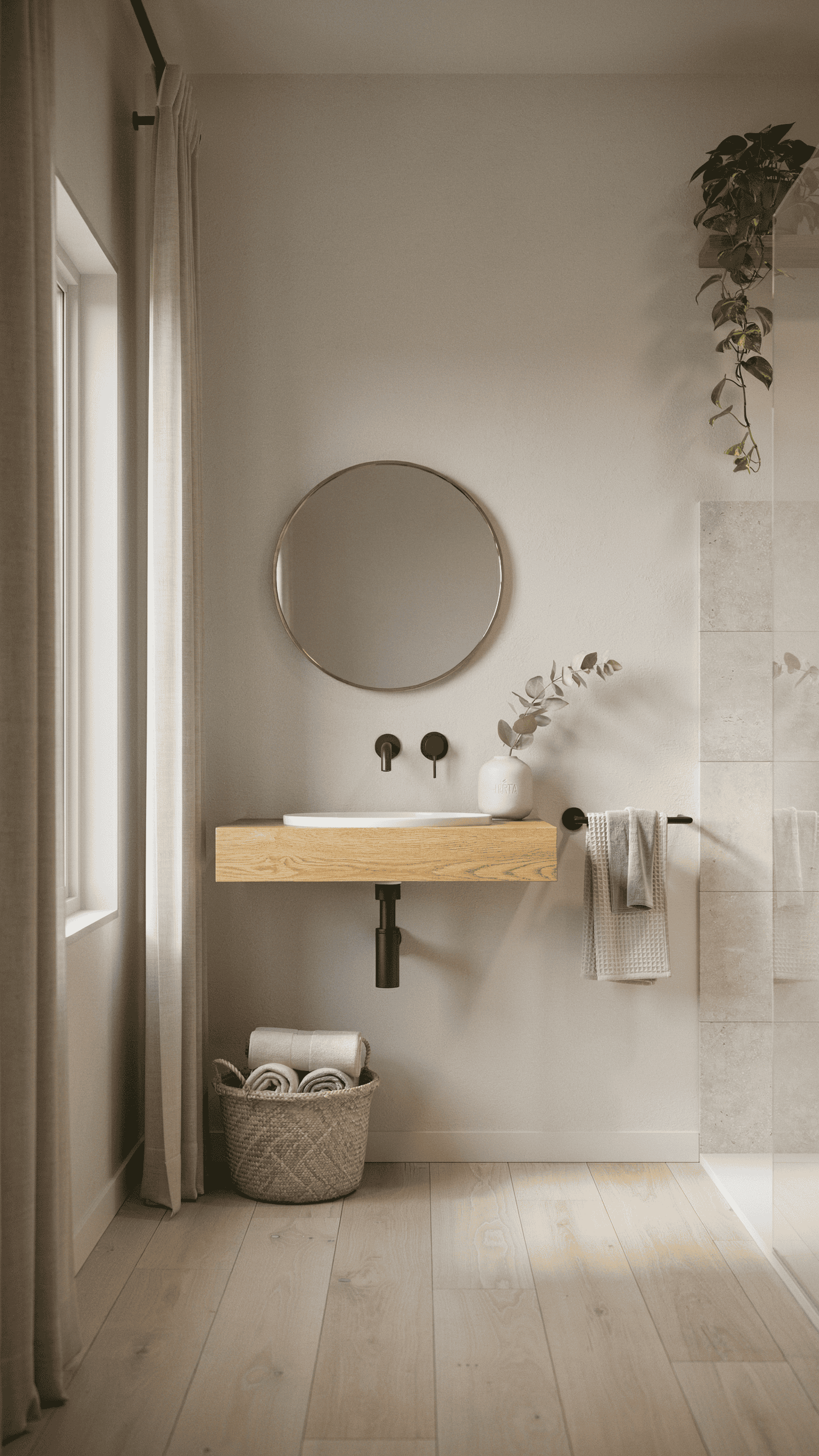 Scandinavian bathroom with soft greige walls, oak vanity, matte black fixtures, and cozy neutral decor.