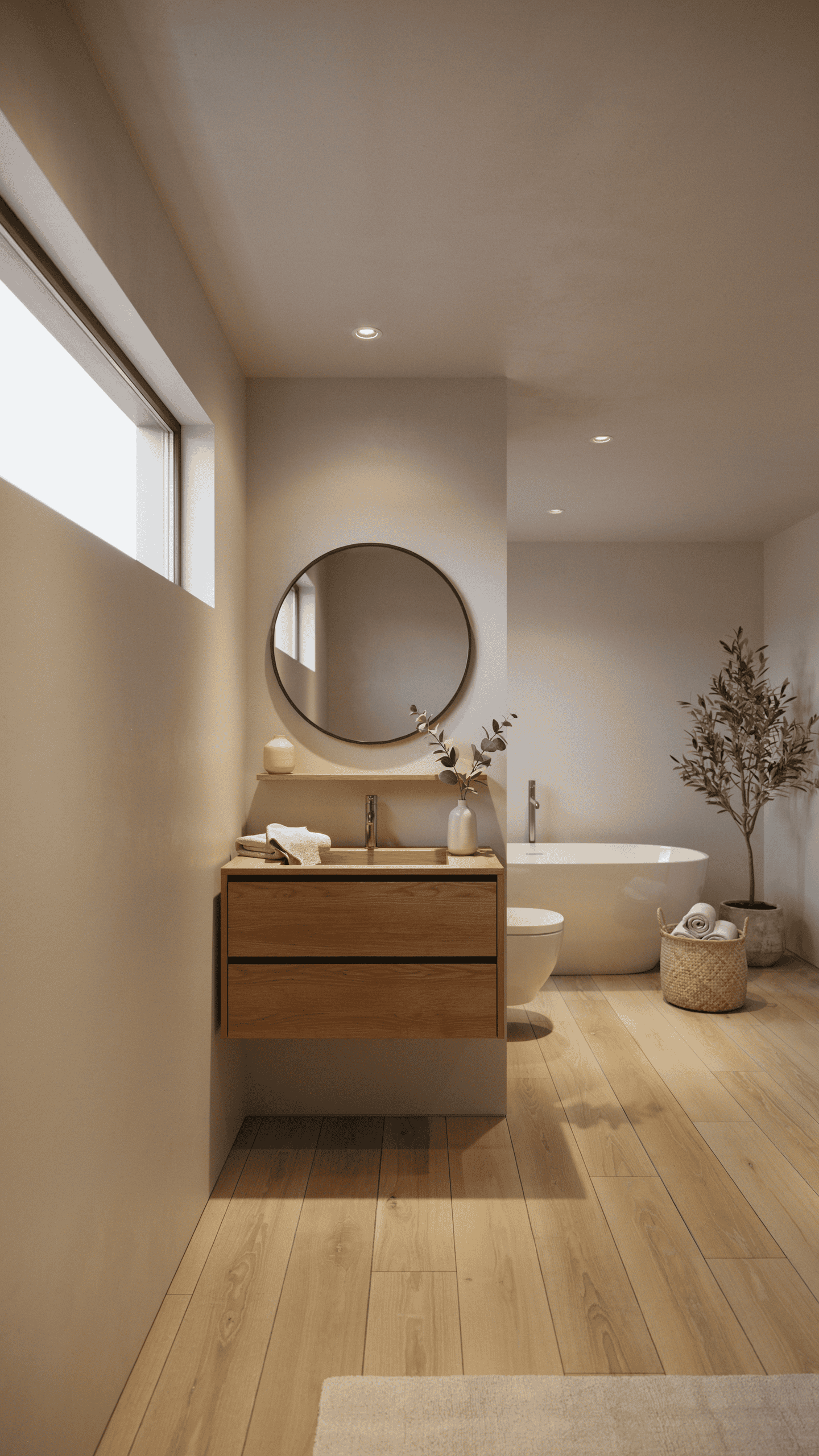 Scandinavian bathroom in light taupe tones with natural wood vanity, warm lighting, and minimalist decor.