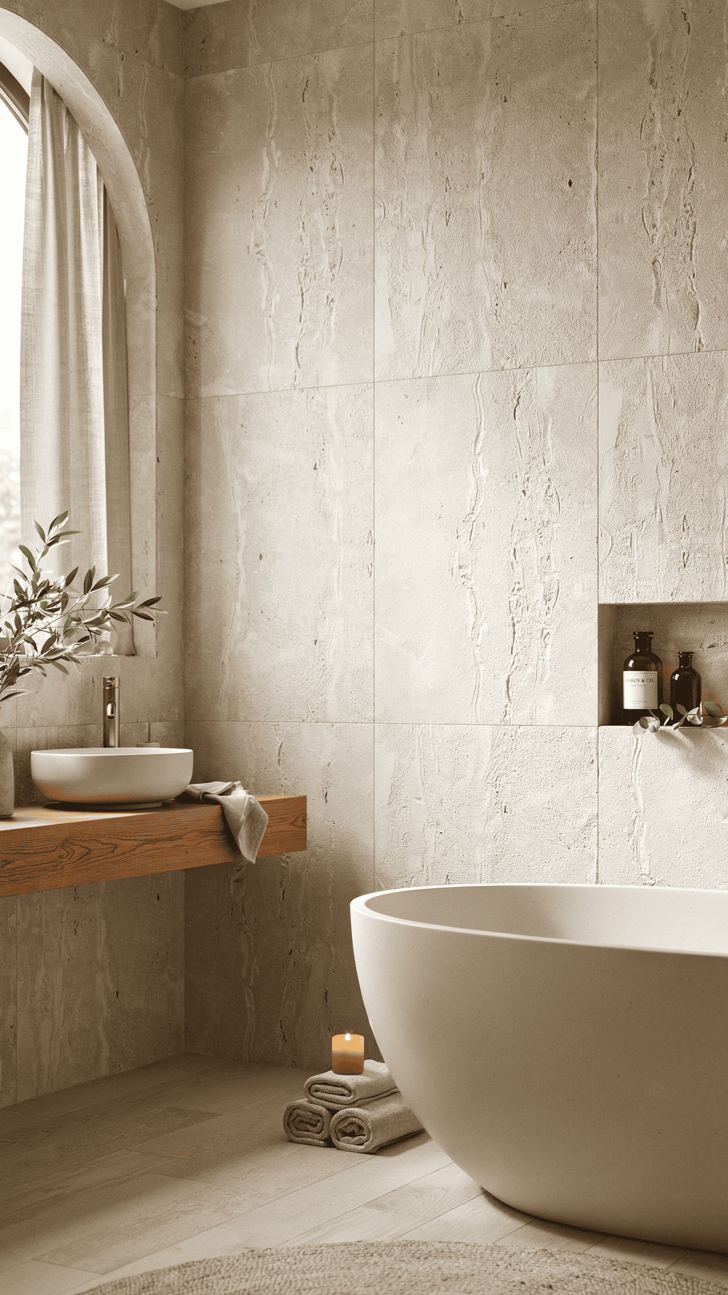 Creamy ivory Scandinavian bathroom with stone textures, natural wood finishes, and warm minimalist styling.