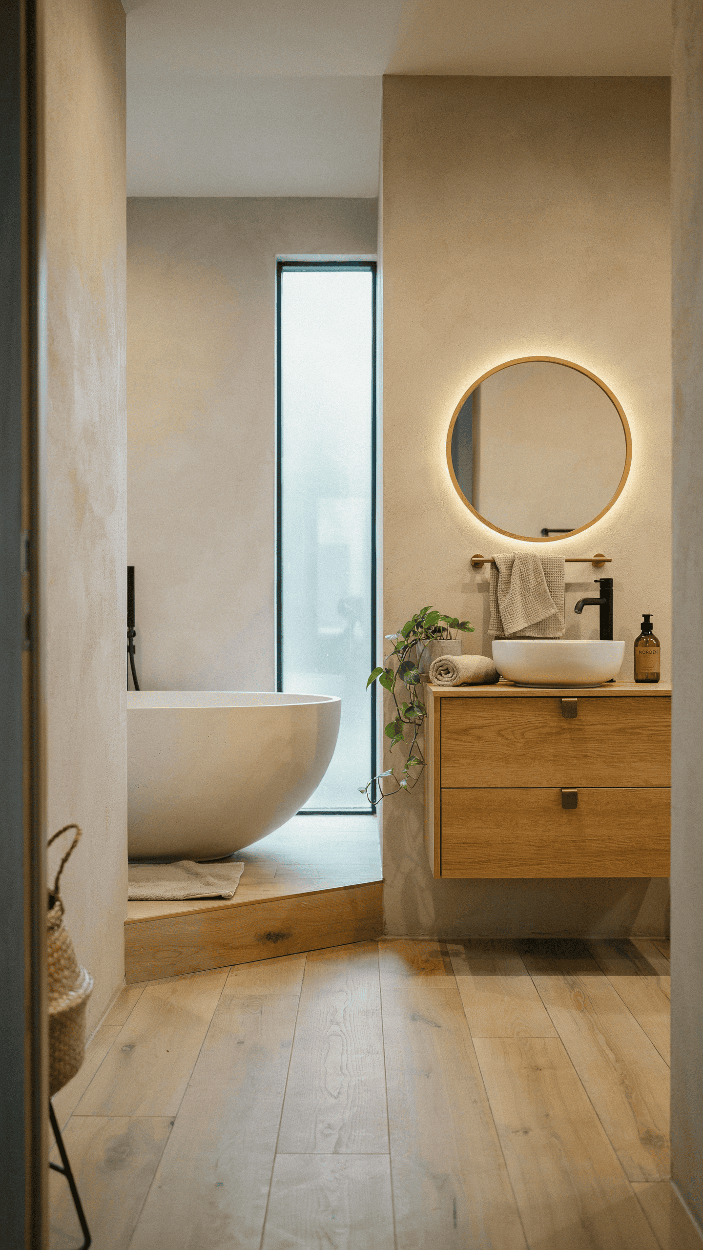 Modern Scandinavian bathroom in mushroom beige with oak cabinetry, layered neutrals, and clean Nordic design.