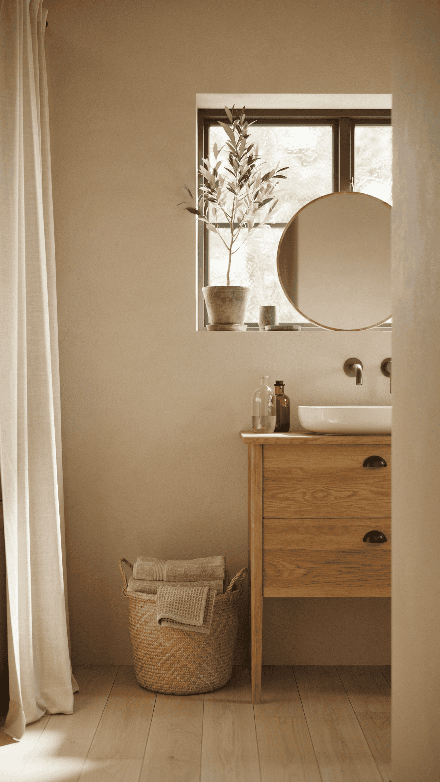 Scandinavian bathroom with soft sand colored walls, woven textures, oak vanity, and warm neutral decor.