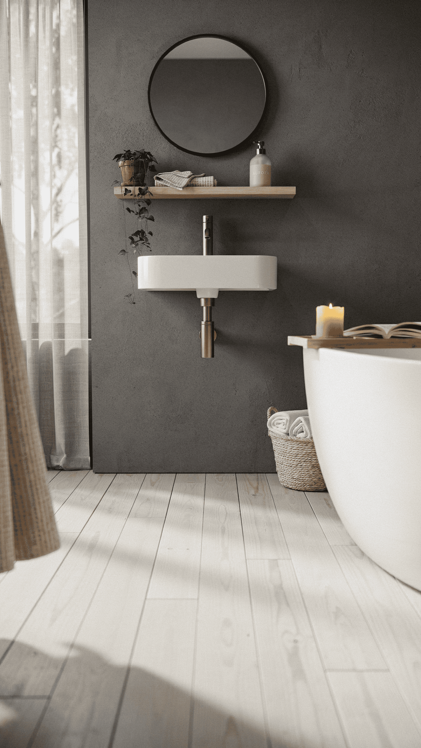 Scandinavian bathroom with soft charcoal accent wall, white fixtures, natural wood finishes, and balanced Nordic design.